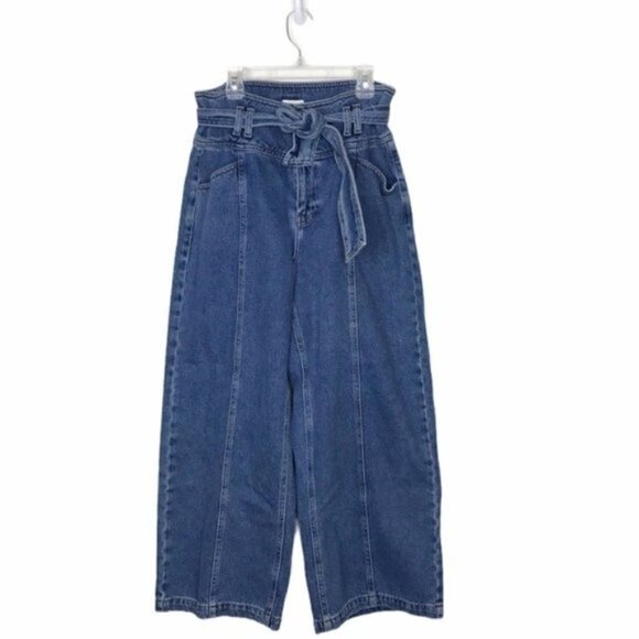 River Island Blue Tie Waist Wide Leg Denim Jeans - Picture 1 of 9